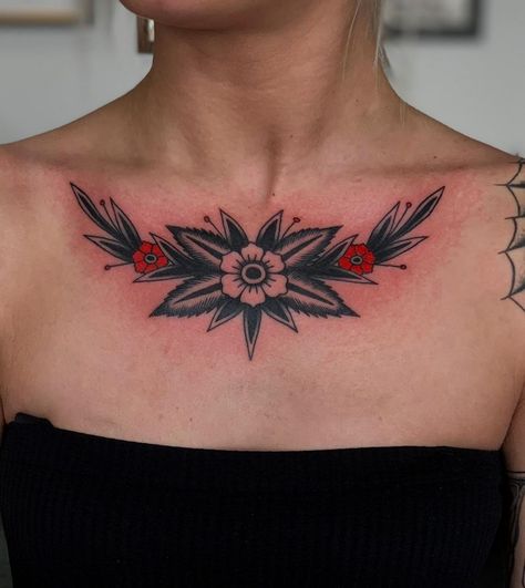 Chest Neck Tattoo Traditional, American Traditional Tattoos Collar Bone, Womens Chest Tats, American Traditional Back Of Neck Tattoo, Chest Tattoo Traditional Women, American Trad Tramp Stamp, Traditional Upper Back Tattoo, Traditional Chest Tattoos For Women, American Traditional Tattoos Chest Women