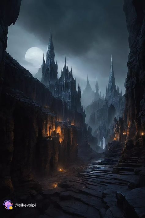 Gothic Cityscape: Nighttime Wonder Discover the haunting beauty of this gothic cityscape. With its towering spires and shadowy streets, this image captures the essence of a medieval fantasy world. Ideal for inspiration in gothic art and dark fantasy storytelling. Dive into the depths of this mysterious city! #GothicCity #MedievalFantasy #NightScape Dark Fantasy Book Aesthetic, Dark Kingdom Fantasy Art, Dark Fantasy Architecture, Dark Urban Fantasy Aesthetic, Dark Fantasy World Aesthetic, Dark Fantasy Setting, Dark Fantasy Inspiration, Gothic Fantasy Aesthetic, Dark Fantasy Places