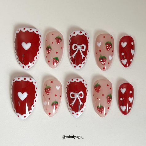 🍓🍰strawberry cake. #nail #nailart #cutenails #shortnails #kawaii #pressons #pressonnails #rednails #strawberrynails #naillove #smallbusiness #nailfashion Cute Strawberry Nail Designs, Cute Nails Strawberry, Strawberry Nail Art Design, Strawberry Milkshake Nails, Food Nail Designs, Cute Strawberry Nails, Nail Art Strawberry, Strawberry Nails Designs, Strawberry Nail Designs