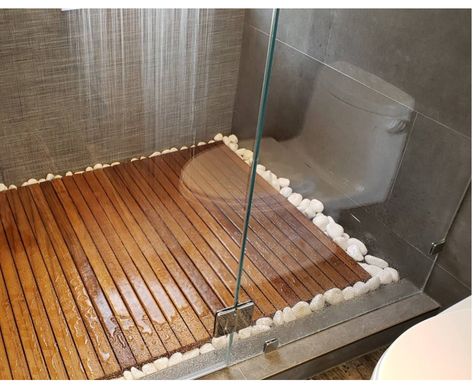 Shower Upgrade Ideas, Shower With Teak Floor, Teak Bathroom Floor, Teak Wood Shower Floor, Wooden Shower Floor, Shower Flooring Ideas, Diy Shower Floor, Shower Floor Diy, Spa Shower Room