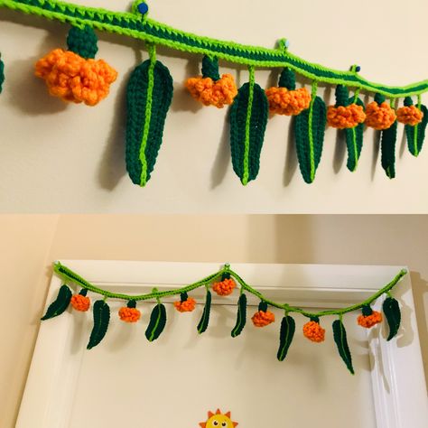 Crochet Door Hanging, Crochet Marigold, Crochet Mango, Mango Leaf, Mango Leaves, Woolen Craft, Marigold Flowers, Marigold Flower, Craft Corner