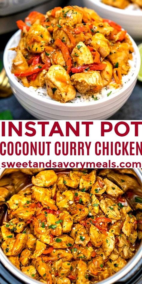 Instant Pot Coconut Curry Chicken is flavorful, perfectly tender, creamy, and spiced, and also packed with healthy ingredients! Coconut Chicken Curry Instant Pot, Instant Pot Curry Chicken Coconut Milk, Thai Coconut Curry Chicken Instant Pot, Instapot Thai Chicken Curry, Chicken Thigh Coconut Curry, Indian Chicken Instant Pot, Instant Pot Chicken Thigh Curry Recipes, Chicken Curry Recipe Instant Pot, Instant Pot Chicken Curry Recipes