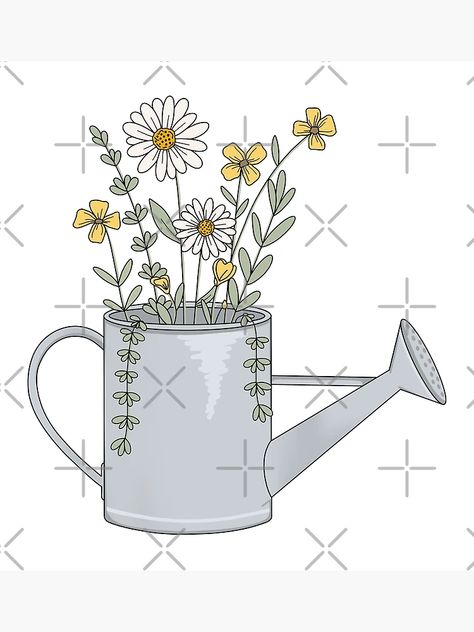 "Watering Can with Flowers Graphic" Greeting Card for Sale by Jamie Maher | Redbubble Watering Can Sign, Flowers In Watering Can Drawing, Watering Can With Flowers Drawing, Watering Can Ideas, Watering Can Drawing, Watering Can Tattoo, Hydration Station Sign, Plant Watering Can, Ra Themes