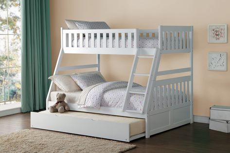 Galen White Twin over Full Bunk Bed - Kane's Furniture Bunk Bed Steps, Bedding Gray, Stairway Bunk Beds, Twin Full Bunk Bed, Double Bunk Beds, White Bunk Beds, Twin Trundle Bed, Twin Over Full Bunk Bed, Modern Bedding