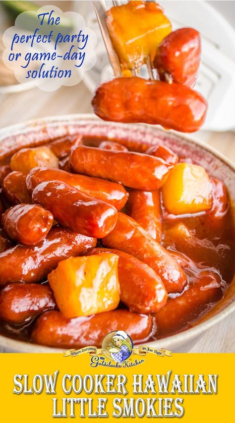 Tropical Appetizers For Party, Superbowl Party Food Ideas, Crockpot Little Smokies, Hawaiian Party Food, Little Smokies Recipes, Potluck Food, Smokies Recipe, Little Smokies, Lil Smokies