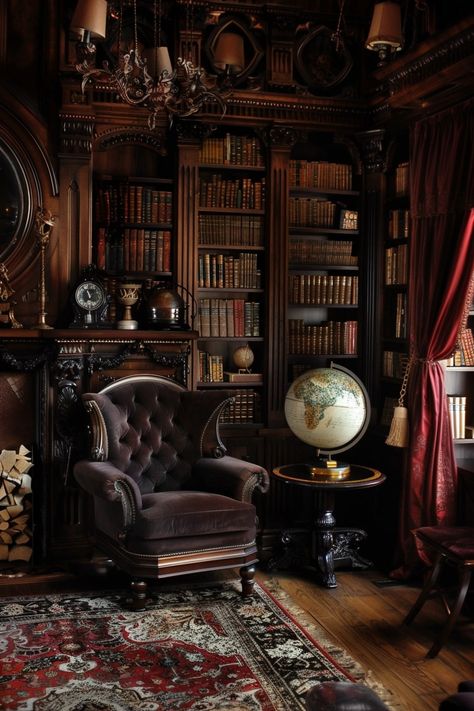 Dark Academia Interior, Dark Academia Home, Dark Academia Decor, Home Library Design, Home Libraries, Dream House Interior, Gothic House, Home Library, Dream House Decor