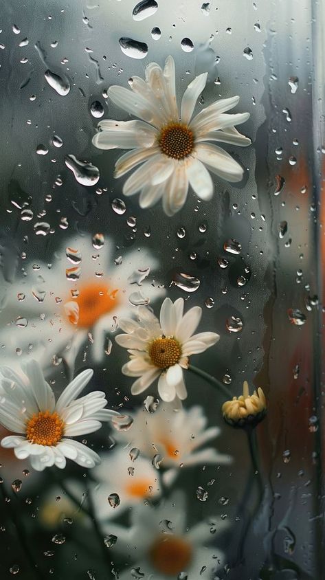 Rain scene with daisys flower nature petal. | premium image by rawpixel.com Aesthetic Raining Wallpaper, Aesthetic Floral Wallpaper, Peaceful Rain, Flowers In The Rain, Flower Anemone, Pretty Scene, Rain Wallpaper, Rainy Wallpaper, Rainy Window