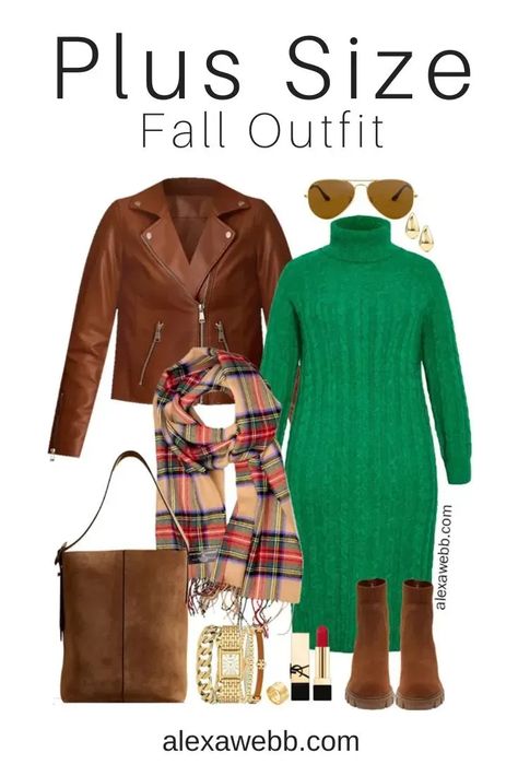 Plus Size Green Sweater Dress Outfits - A plus size casual outfit idea for winter and fall with a plaid scarf and camel brown biker jacket. Alexa Webb Dress Outfits Plus Size, Green Sweater Dress Outfit, Dress Outfit 2023, Sweater Dress Outfits, Plaid Blazer Outfit, Casual Plus Size Outfits, Alexa Webb, Plus Style, Plus Size Winter Outfits