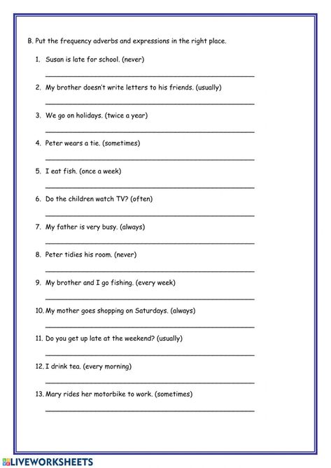 Ficha online de Frequency adverbs Adverb Of Frequency Worksheets, A An The Worksheet, Adverbs Of Frequency Worksheets, Adverb Of Frequency, Capitalization Worksheets, Antonyms Worksheet, Article Grammar, Adverbs Worksheet, Teach English To Kids