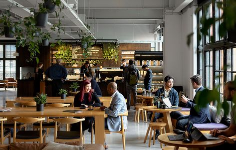 Cafe And Coworking Space, Co Working Cafe Design, Indoor Community Space, Coworking Cafe Design, Work Space Cafe, Co Working Space Architecture, Communal Cafe, Cowork Space, Community Space Design