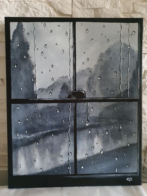 Raindrops On Window Drawing, Rainy Art Painting, Raining Window Drawing, Rainy Art Drawings, How To Paint Rain On Window, Rain Droplets On Window, How To Draw Rain On A Window, Rainy Day Sketch Drawing, Painting Of Rainy Day