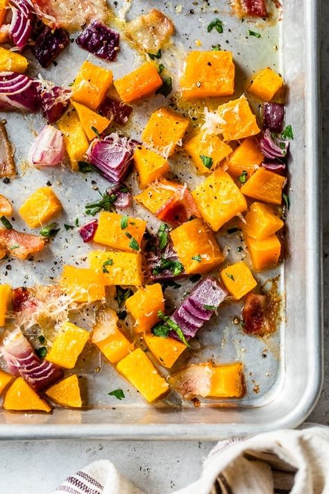 Roasted Butternut Squash with Onions, Bacon, and Parmesan Butternut Squash Bacon, Recipe Butternut Squash, Butternut Squash Recipes Roasted, Winter Side Dishes, Bacon Seasoning, Ww Freestyle, Butternut Squash Recipes, Cucumber Recipes Salad, Roasted Mushrooms