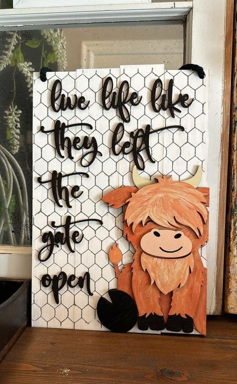 Highland Cow Shiplap Sign, Rustic Farmhouse Wall Art with Charming Animal Portrait Made from 1/8" MDF Dimensions: 12 1/2 X 8 X 1/8 CUTOUT ONLY! TRANSFER NOT INCLUDED! These are unfinished laser cutouts. They may have some burn marks but that is normal. You can use a piece of  sand paper as well paint. I usually sand and paint mind a base coat. Then apply my transfer. Beautiful every time. Highland Cow Sayings, Highland Cow Wood Sign, Highland Cow Decor Bedroom, Highland Cow Quotes, Farmhouse Cow Decor, Cow Crafts, Highland Cow Decor, Barnwood Signs, Cow Kitchen