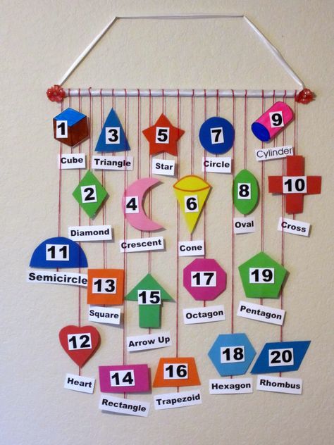 Hanging Numbers In Classroom, Math Wall Grade 1, Shapes Hanging For Preschool, Number Classroom Decoration, Classroom Hangings For Preschool, Classroom Hanging Ideas, Shapes Wall Decor Classroom, Hanging For Classroom Decoration, Shapes Preschool Wall Decor