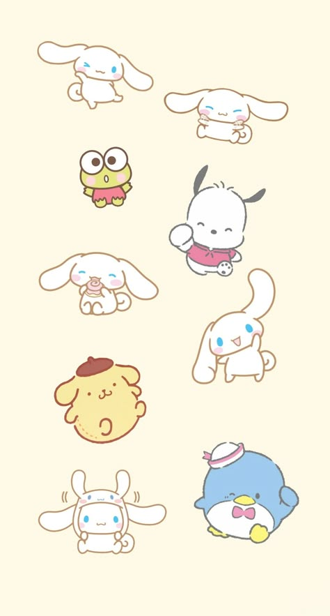 sanrio minimalist wallpaper backround with cinnamoroll, pompompurin tuxedosam, keroppi, pochacco ☆ Pochacco Cinnamoroll Pompompurin, Keroppi And Pochacco, Pochacco Tattoo Ideas, Cinnamonroll Sanrio Tattoo, All Sanrio Characters Together, Keroppi And Cinnamoroll, Keroppi Tattoo, Pompompurin Tattoo, Pochacco Tattoo