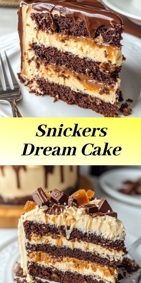 Snickers Dream Cake - Indulge in the flavors of a Snickers bar with this decadent cake featuring layers of chocolate, nougat, caramel, and peanuts. Perfect for special occasions and dessert lovers. Dream Cake Recipe, Snickers Ice Cream Cake, Snickers Dessert, Italian Desserts Easy, Candy Bar Cake, Snickers Cake, Birthday Cake Flavors, Dessert Cookbooks, Snickers Bar