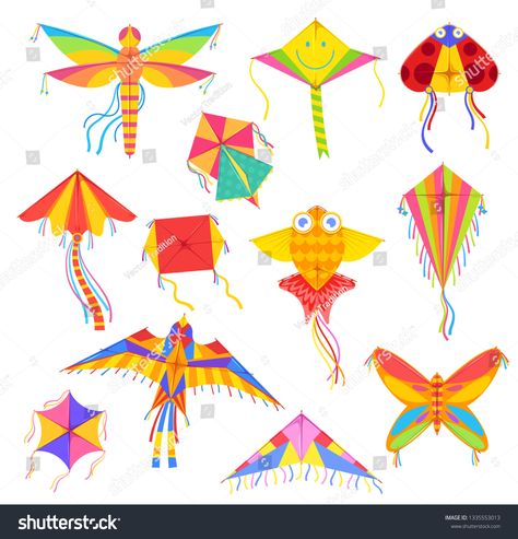 Kites in shape of bird, fish or insects, entertainment and active pastime. Vector toy of paper or fabric, butterfl #Ad , #affiliate, #pastime#active#Vector#paper Kite Designs Ideas, Ladybug Flying, Kite Tattoo, Flying Kites, Cute Rainbow Unicorn, Kite Designs, Fabric Butterfly, Drawing Step, Kite Flying