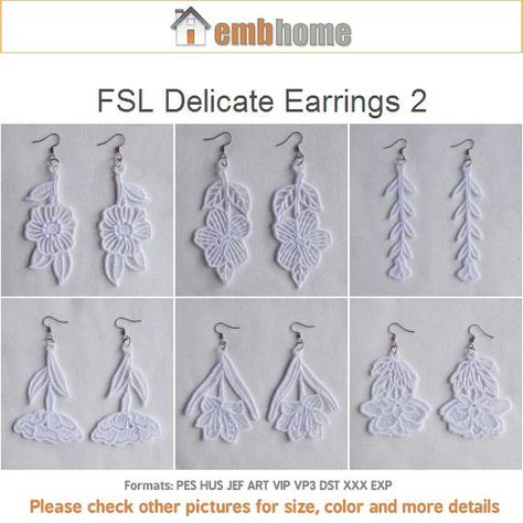 FSL Delicate Earrings 2 Free Standing Lace Machine by embhome Free Standing Lace Machine Embroidery, Flower Machine Embroidery Designs, Freestanding Lace Embroidery, Memory Crafts, Free Standing Lace, Lace Designs, Little Ballerina, Free Machine Embroidery Designs, Free Machine Embroidery