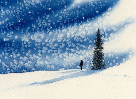 Watercolour Winter, Watercolor Snow, Watercolor Night Sky, Tree Watercolor Painting, Watercolour Landscape, Painting Snow, Winter Watercolor, Christmas Card Art, Diy Watercolor Painting