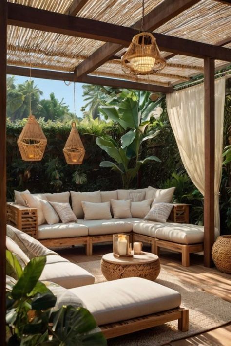 Chic outdoor decor with string lights and rattan furniture. Tropical Patio Furniture, Modern Deck Furniture Ideas, Tropical Small Backyard, Tulum Inspired Backyard, Boho Backyard Patio, Modern Deck Furniture, Small Tropical Backyard, Lanai Decorating Ideas, Utah Backyard