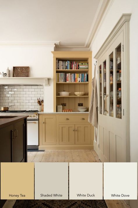 Behr Honey Tea -- F&B Shaded White -- SW White Duck (or F&B School House White) -- BM White Dove Yellow Cabinets, Mad About The House, Devol Kitchens, Light Hardwood Floors, London Kitchen, Shaker Cabinets, Yellow Kitchen, Transitional Kitchen, Kitchen Fittings