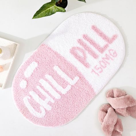 PRICES MAY VARY. 【Unique Design】:All rights reserved. Chill Pill shaped non slip bathroom mat size is 30.3 inches X17 inches, the microfiber bath mat will add some beautiful decor to your space. 【High Quality】:Cute and fun plush non slip shower rug is made of 100% high quality density polyester thicker microfiber material, super soft. 【Machine Washed】:This cool microfiber chill pill shaped bath floor mat uses a unique manufacturing process, machine washed with cold water. 【Non Slip Base】:The bas Things For Bathroom, Pink Bathroom Accents, Pink Accessories For Bedroom, Cute Pink Decorations, Cute Shower Mat, Bathroom Ideas Girly, Pink Bathroom Rug, Cute Preppy Room Decor, Bathroom Decor Cute