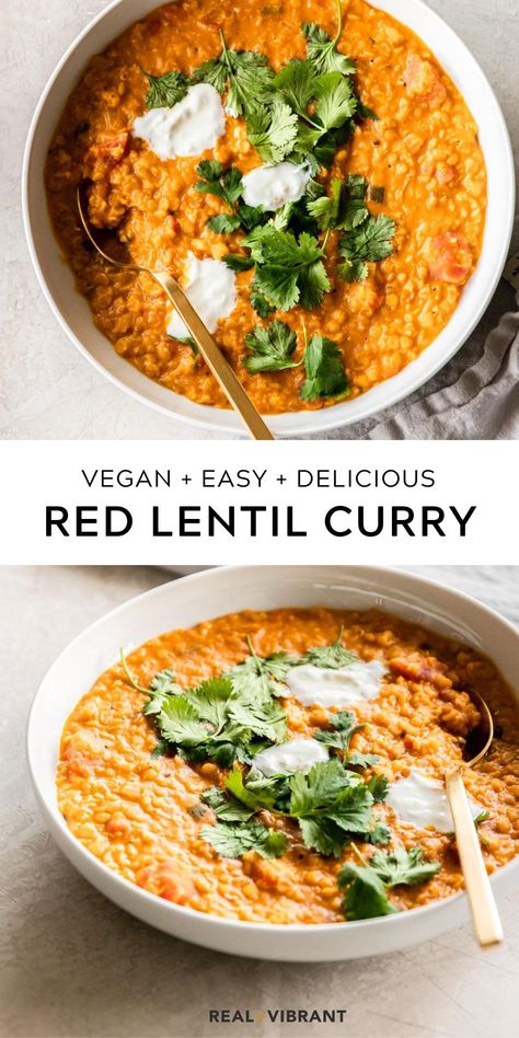 This red lentil curry recipe is the ultimate weeknight dinner. Nourishing, spicy, and packed with flavor, this comfort meal is made with easy pantry ingredients and comes together in less than 45 minutes. | realandvibrant.com #realandvibrant #lentilcurry #curry #soup #redlentilcurry Curry Vegetarian, Red Lentil Curry, Red Lentil Recipes, Lentil Curry Recipes, Pantry Meals, Alpha Gal, Meatless Dishes, Vegan Curry Recipes, Resep Smoothie