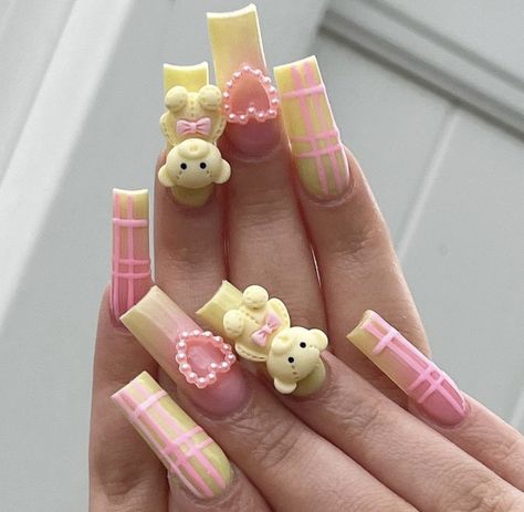 Teddy Bear Charm Nails, Teddy Bear Nails, Bear Nails, Earthy Tattoos, Kawaii Nail Art, Nail Charm, Bears Nails, Basic Nails, Wedding Nails Design