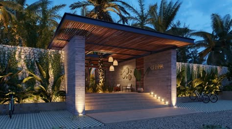 Gate House Design, Resort Entrance, Tulum House, Tulum Architecture, Restaurant Entrance, Tulum Resorts, Farm Entrance, Hotel Floor Plan, Modern Entrance Door