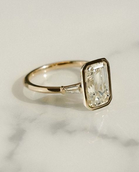 Three Stone Emerald Cut Ring, Moissanite Engagement Ring Emerald Cut, Moissanite Engagement Ring Emerald, Baguette Cut Ring, Engagement Ring Three Stone, Engagement Ring Emerald Cut, Emerald Cut Moissanite Engagement Ring, Pretty Engagement Rings, Emerald Cut Ring