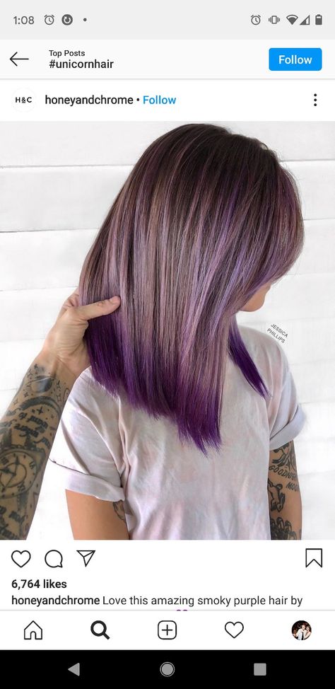 Purple brown ombre hair honey and chrome Smoky Purple Hair, Balayage Hair Brunette With Blonde, Hidden Hair Color, Hair Color Underneath, Vivid Hair Color, Violet Hair, Purple Highlights, Short Hairdos, Hair Artist