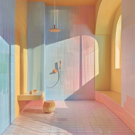 Eclectic Bathroom Colorful, Rainbow Shower Tile, Pastel Art Deco Interior, Colorful Tiles Bathroom, Pastel Color Interior, Pastel Bathroom Ideas, Bathroom Pastel, Pastel Hallway, Color Grout