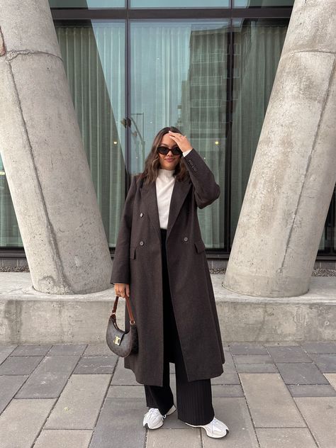 THE CONSTANT™ COAT curated on LTK Classic Long Oversized Wool Coat, Timeless Black Long Coat, Neutral Oversized Long-sleeved Outerwear, Oversized Single-breasted Wool Coat With Notch Lapel, Tailored Black Long-sleeve Wool Coat, Black Herringbone, Coat Outfit, Winter Outfit Inspiration, Mock Neck Sweater