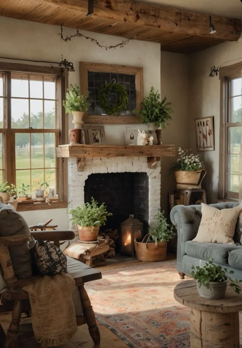 Woodsy Cottage Interior, Witchy Cottagecore Living Room, Sitting Room Farmhouse, English Country Living Room, Cottage House Decor, Cozy Cottage Interiors, Salons Cottage, Whitewashed Brick, Farmhouse Living Rooms