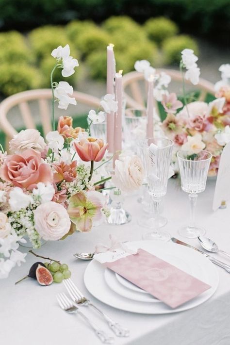 17 Pretty Baby in Bloom Shower Ideas - The Greenspring Home Round Wedding Tables, Pastel Wedding Flowers, Spring Wedding Inspiration, Venue Decor, Blue Candles, Peach Wedding, Pastel Wedding, Wedding Color Palette, Wildflower Wedding