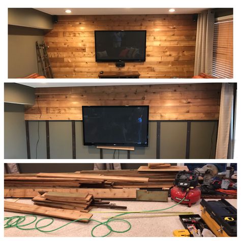 Recycled raw cedar siding to accent wall Cedar Accent Wall Living Room, Cedar Interior Walls, Living Room Without Fireplace, Patio Privacy Wall, Cedar Interior, Cedar Patio, Rustic Cabin Design, Cedar Shiplap, Pottery Barn Bedrooms