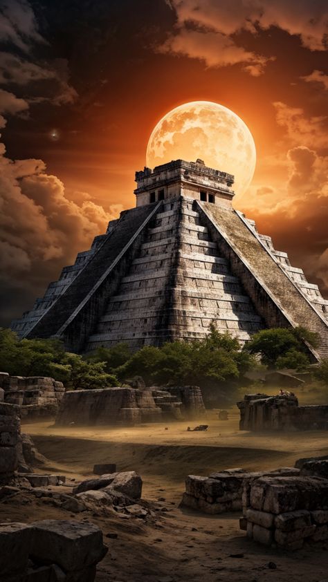 Wallpaper Fantasy Art, Aztec Temple, Aztec Pyramids, Wallpaper Fantasy, Aztec Artwork, Aztec Wallpaper, Mexican Artwork, Maya Ruins, Aztec Tattoo Designs