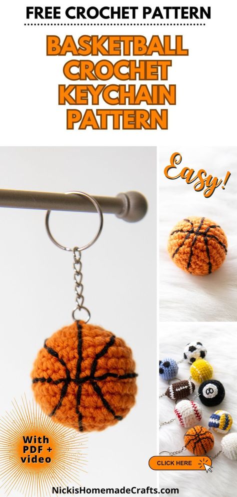 This free pattern and video tutorial will show you how to make a basketball crochet keychain. It's the perfect quick gift for basketball fans or sports lovers. Get the crochet pattern free from Nicki's Homemade Crafts. #crochetkeychain #sportscrafts #crochet #nickishomemadecrafts #crochetbasketball Crochet Basketball, Cute Animal Crochet, Crochet Keyring Free Pattern, Basketball Keychain, Crochet Keychains, Hats Crochet, Keychain Pattern, Gifts Crochet, Crochet Ball