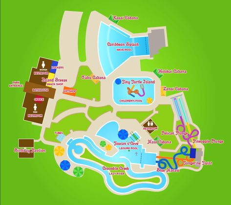 Basic waterpark map I thought would be super cool to change up a little or go for! Water Park Layout, Park Layout, Leisure Pools, Layout Plan, Wave Pool, Pool Birthday, Snack Shop, Waterpark, Bath House