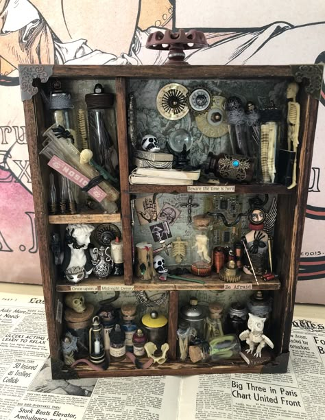 Coffin Shadow Box Ideas, Diy Oddities Decor, Mini Cabinet Of Curiosities Diy, Mini Cabinet Of Curiosities, Witch Shadow Box Ideas, Miniature Curiosity Cabinet, Box Of Curiosities, Shadow Box Ideas Oddities, Curiosity Cabinet