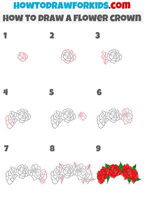 How To Draw Flower Crown, Flower Crown Drawing Sketches, Flower Crown Drawing Reference, How To Draw A Crown Step By Step, Crown Drawing Sketches, Flower Crown Step By Step, Flower Crown Drawing, Draw A Flower, Animal Poses