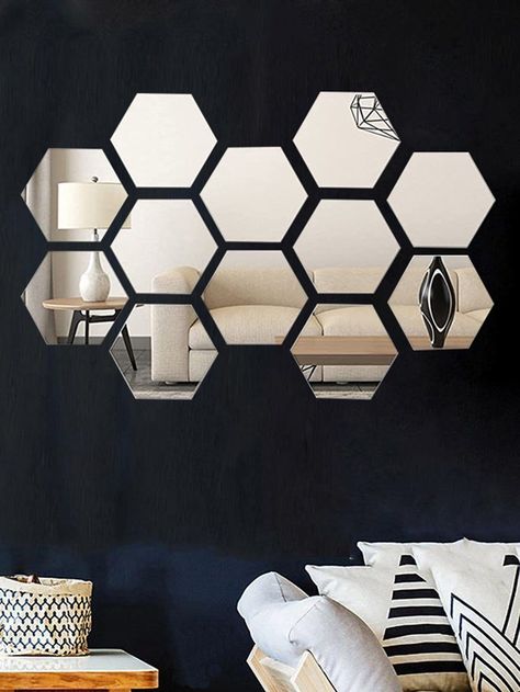 Hexagon Mirror Wall Decor Living Room, Plain Wall Decor Ideas Bedroom, Hexagon Mirror Wall Decor Ideas, Mirror Sticker Wall Decor, Hexagon Mirror Wall Decor, Mirror Wall Decor Bedroom, Wall Decora, Mirror Decor Living Room, Decoration Mirror