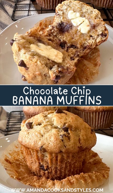 Chocolate Chip Banana Muffins - Amanda Cooks & Styles Banana Muffins Chocolate Chip, Choc Banana Muffins, Easy Banana Chocolate Chip Muffins, Easy Banana Nut Muffins, Banana Muffins With Chocolate Chips, Homemade Banana Muffins, Easy Banana Muffins, Banana Bread Muffin Recipe, Chocolate Chip Banana Muffins