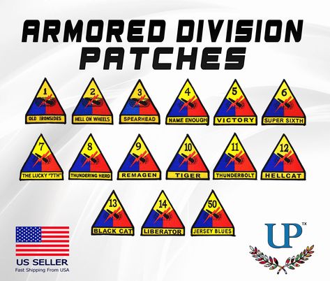 "Embroidered US Army Armored Divisions Iron On Patches, Armored Division Patches, 1st to 50th Armored Divisions PLEASE READ DESCRIPTION BEFORE YOU PURCHASE 1) Choose the code of the patch, read the type and size of the patch listed below. 2) Select quantity 3) To buy different ones, add to cart individually. ##PATCH CODE ##PATCH NAME ##BACKING TYPE ##SIZE AD001 - Old Ironsides (Iron-On) (3-3/4\") AD002 - Hell on Wheels (Iron-On) (3-3/4\") AD003 - Spearhead (Iron-On) (3-3/4\") AD004 - Name Enough Us Army Patches, Army Divisions, Army Look, Army Patches, Hell On Wheels, Military Insignia, Prop Making, Military Units, Work Gear