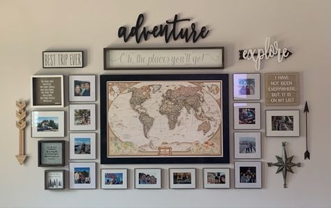 I love how my travel wall turned out. I wanted to create memories from all of my travels with family and friends. My push pin map is at the center with locations we have been. Travel Art Gallery Wall, Travel Picture Wall Ideas Photo Displays, Travel Wall Decor Ideas, Hallway Wall Ideas, Travel Photo Wall, Adventure Wall Decor, Office Refresh, Souvenir Display, Travel Gallery Wall