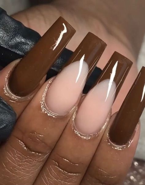 Long Brown Nails Acrylic, Brown Nude Acrylic Nails, Cute Brown Acrylic Nails, Brown And Nude Acrylic Nails, Brown Nails Acrylic Design, Nails Brown Square, Beige And Brown Nails, Brown Nude Nails Design, Brown Nails Coffin