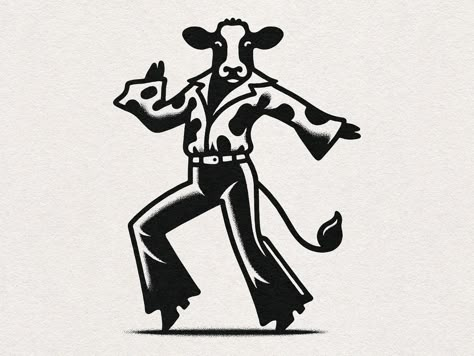 Cow Vintage Illustration, Cow Illustration Design, Cow Graphic Design, Disco Illustration, Announcement Graphic, Dancing Illustration, Black And White Graphic Design, Style Graphique, Cowboy Graphic