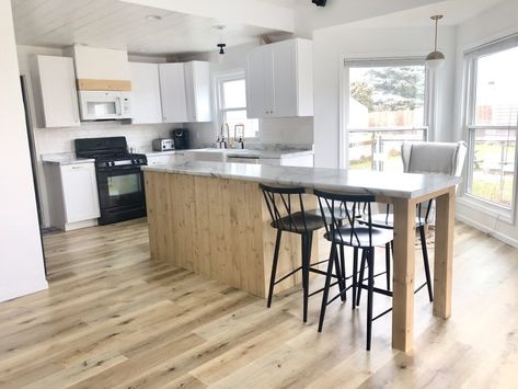 California Modern Kitchen, Farmhouse Kitchen Island With Seating, Narrow Kitchen Island With Seating, Make A Kitchen Island, Build A Kitchen Island, Modern Farmhouse Kitchen Island, Kitchen Islands Ideas With Seating, Kitchen With Long Island, Kitchen Cabinet Plans