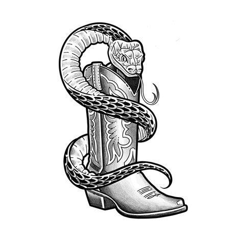 Snake Flash Tattoo, Cowboy Boots Drawing, Snake In My Boot, Western Tattoo, H Tattoo, Tarot Card Tattoo, Slc Utah, Snake Drawing, Snake Boots