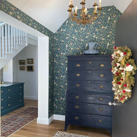 Silk Interiors | We love seeing our wallpaper in the wild. Here's @wmorrisandco's Bird & Pomegranate Wallpaper in Blue & Sage looking stunning in this… | Instagram William Morris Bird And Pomegranate, Bird Pomegranate Wallpaper, Pomegranate Wallpaper, Wallpaper In Blue, William Morris Wallpaper, Morris Wallpapers, Blue Sage, In The Wild, William Morris